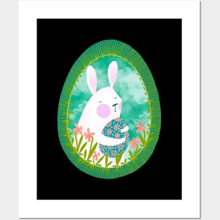 Cute white bunny with floral easter egg decoration on blue sky, version 4 Posters and Art